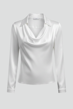 Xylara | Dames Satijnen Blouse – Gedrapeerde Kraag, Elegante Blouse met Lange Mouwen