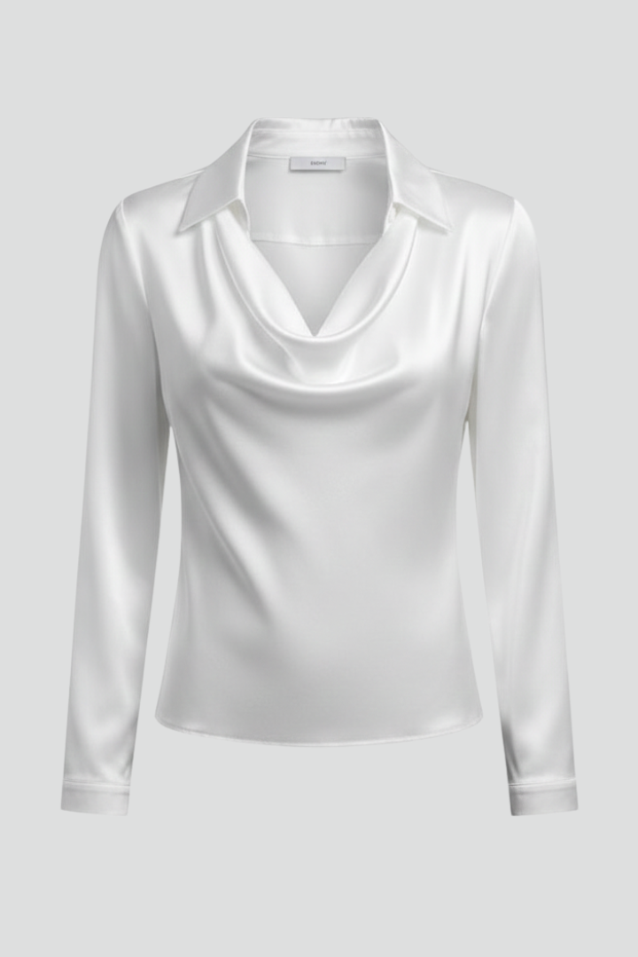Xylara | Dames Satijnen Blouse – Gedrapeerde Kraag, Elegante Blouse met Lange Mouwen