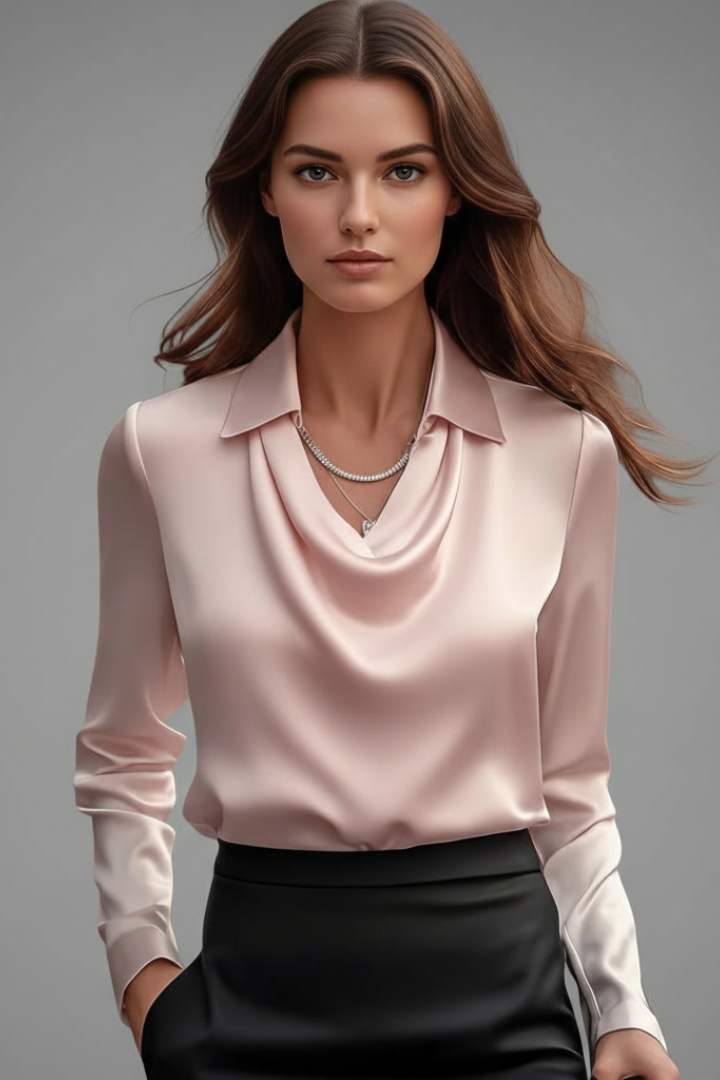Xylara | Dames Satijnen Blouse – Gedrapeerde Kraag, Elegante Blouse met Lange Mouwen