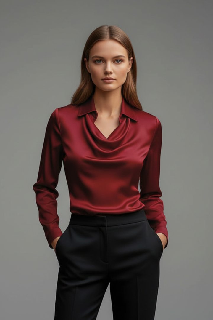 Xylara | Dames Satijnen Blouse – Gedrapeerde Kraag, Elegante Blouse met Lange Mouwen
