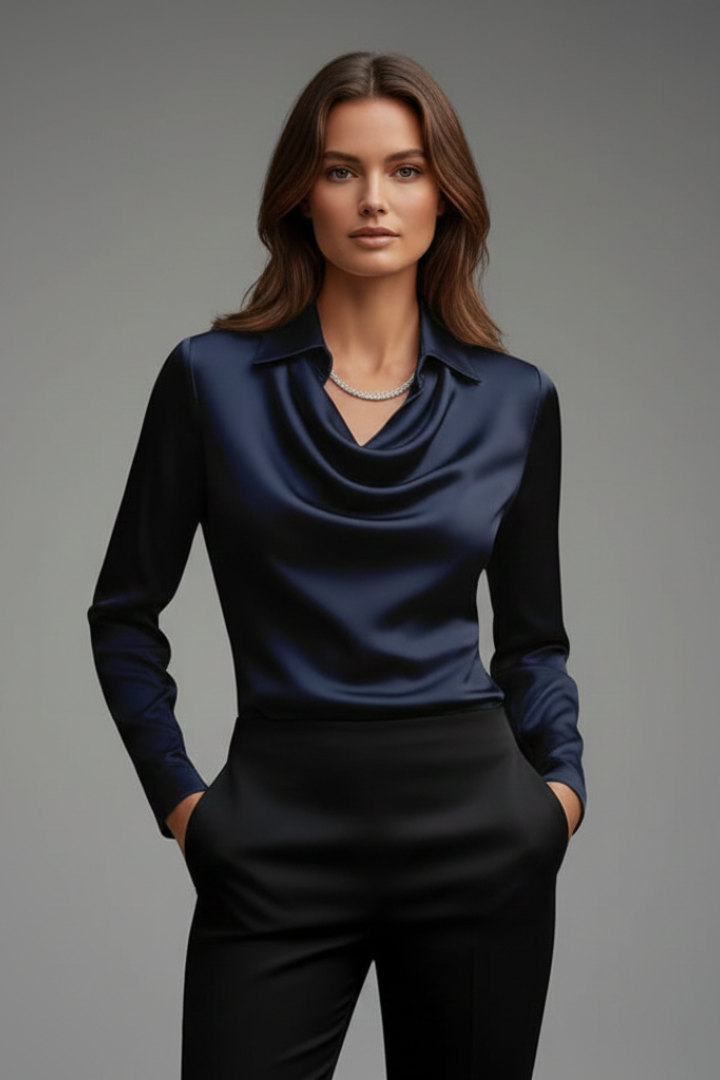 Xylara | Dames Satijnen Blouse – Gedrapeerde Kraag, Elegante Blouse met Lange Mouwen