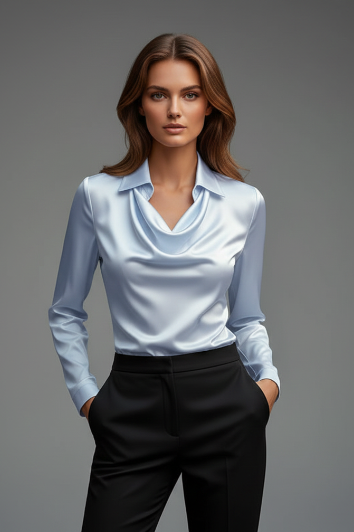 Xylara | Dames Satijnen Blouse – Gedrapeerde Kraag, Elegante Blouse met Lange Mouwen