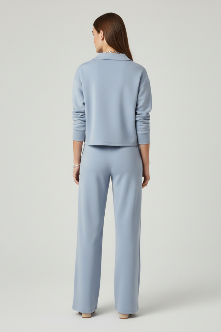 Delphina | Tweedelige set voor dames – top met V-hals, broek met wijde pijpen