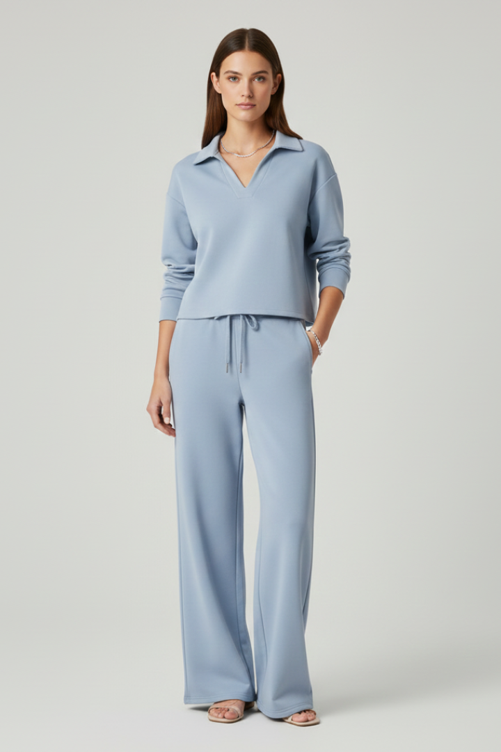 Delphina | Tweedelige set voor dames – top met V-hals, broek met wijde pijpen