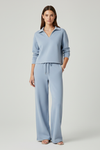 Delphina | Tweedelige set voor dames – top met V-hals, broek met wijde pijpen