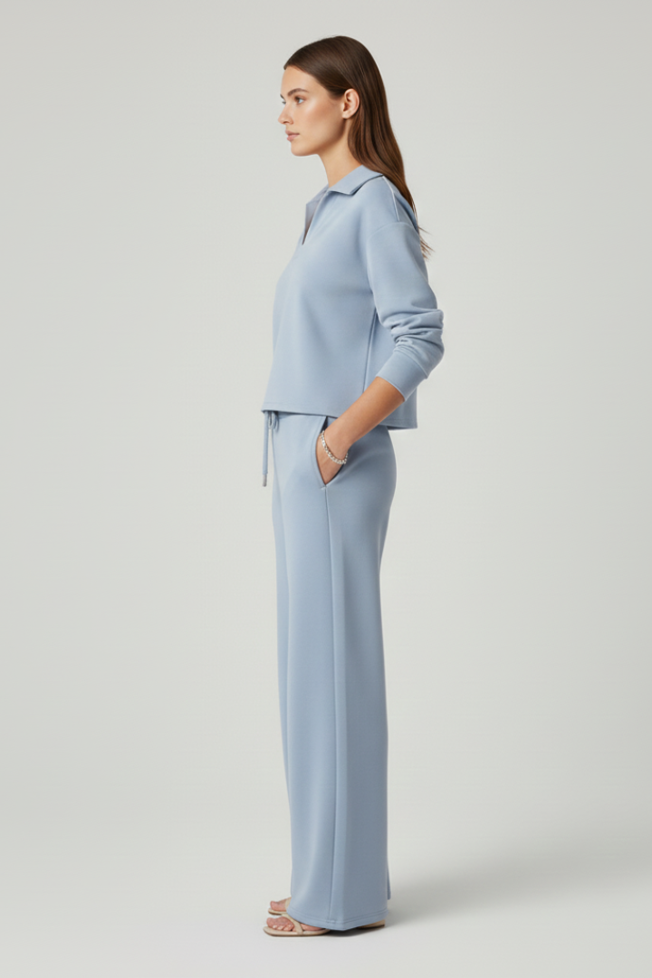 Delphina | Tweedelige set voor dames – top met V-hals, broek met wijde pijpen