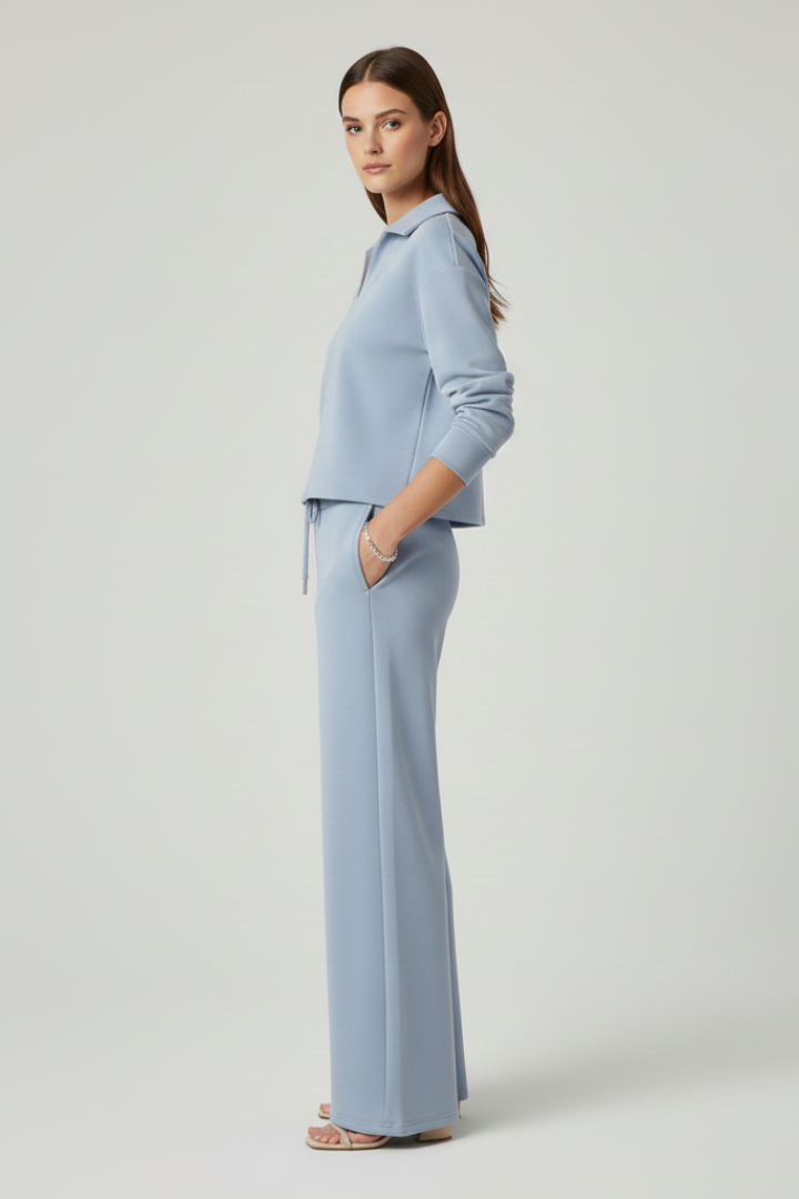 Delphina | Tweedelige set voor dames – top met V-hals, broek met wijde pijpen
