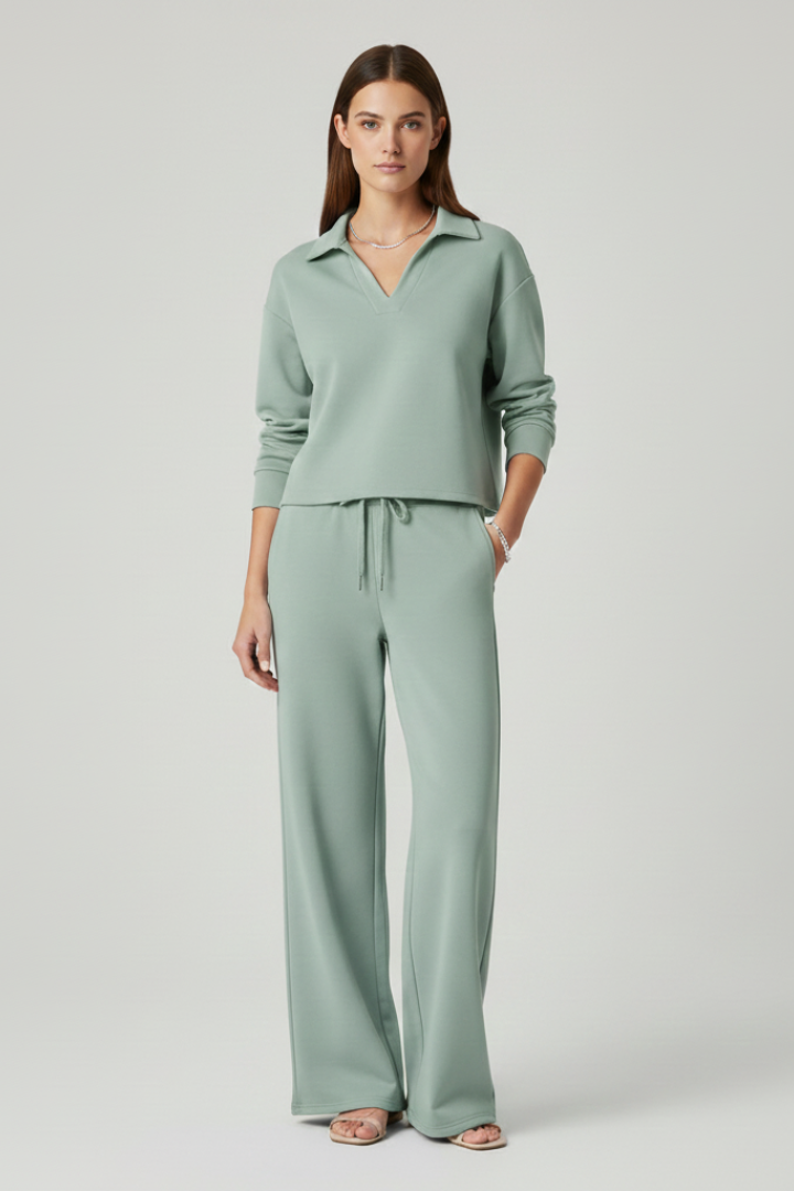 Delphina | Tweedelige set voor dames – top met V-hals, broek met wijde pijpen