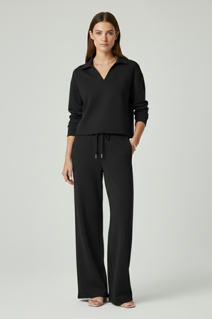 Delphina | Tweedelige set voor dames – top met V-hals, broek met wijde pijpen