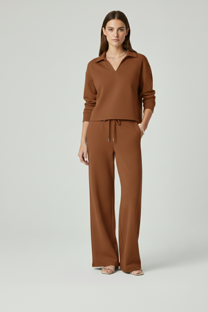 Delphina | Tweedelige set voor dames – top met V-hals, broek met wijde pijpen