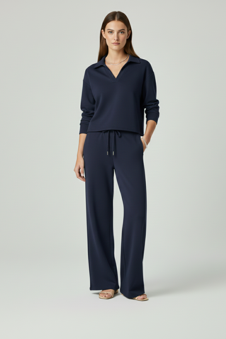 Delphina | Tweedelige set voor dames – top met V-hals, broek met wijde pijpen
