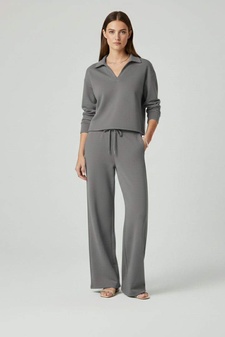 Delphina | Tweedelige set voor dames – top met V-hals, broek met wijde pijpen