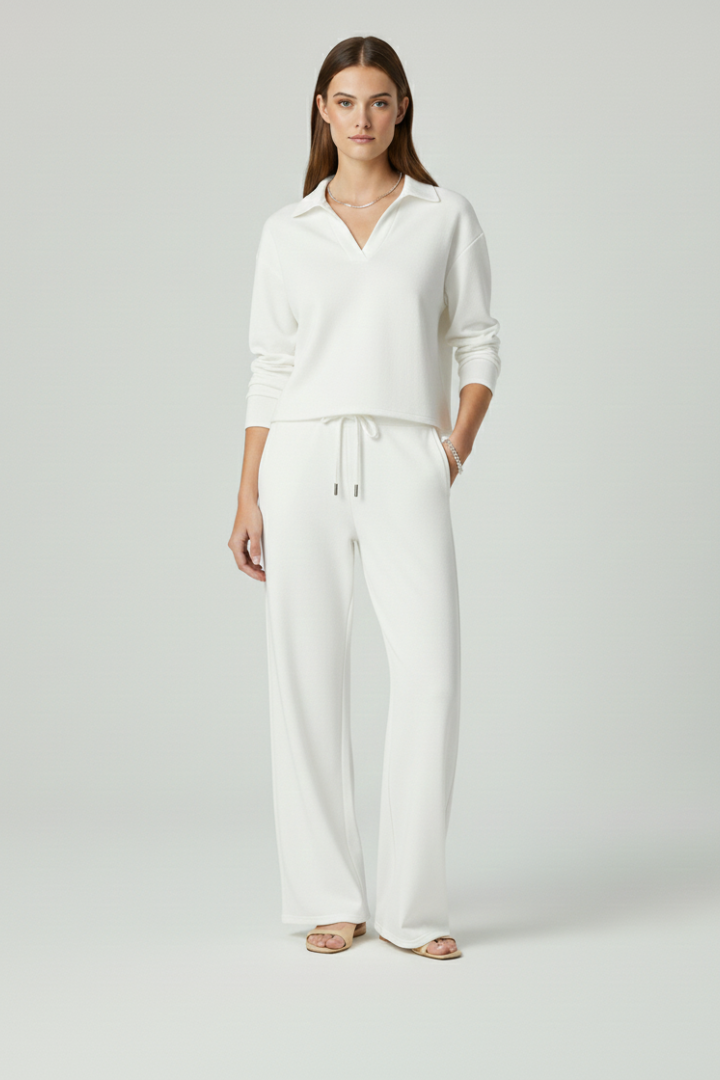 Delphina | Tweedelige set voor dames – top met V-hals, broek met wijde pijpen