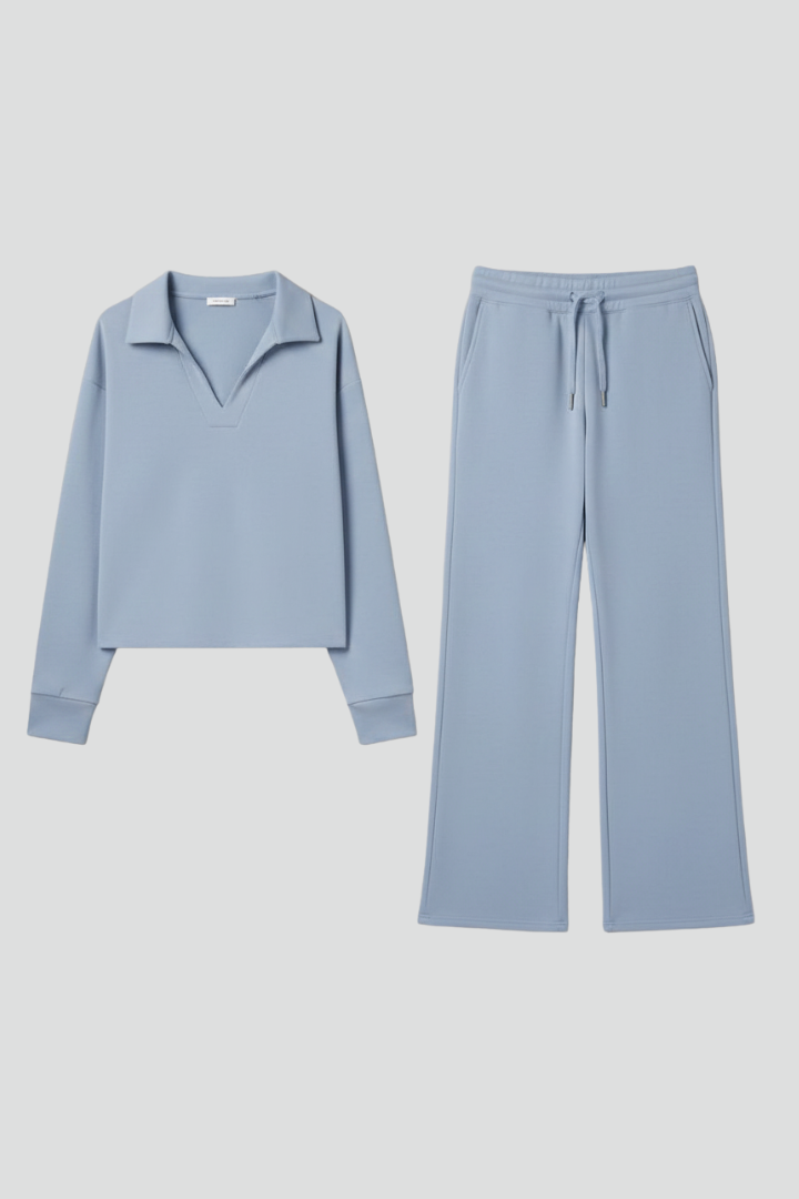 Delphina | Tweedelige set voor dames – top met V-hals, broek met wijde pijpen