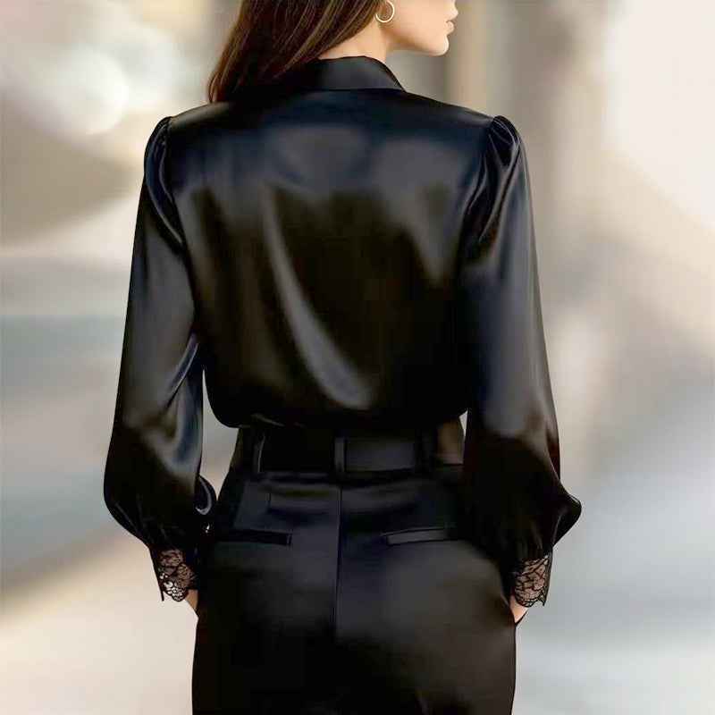 Maribel | Satijnen damesblouse met lange mouwen – Kantoorshirt met knoopsluiting en kanten details