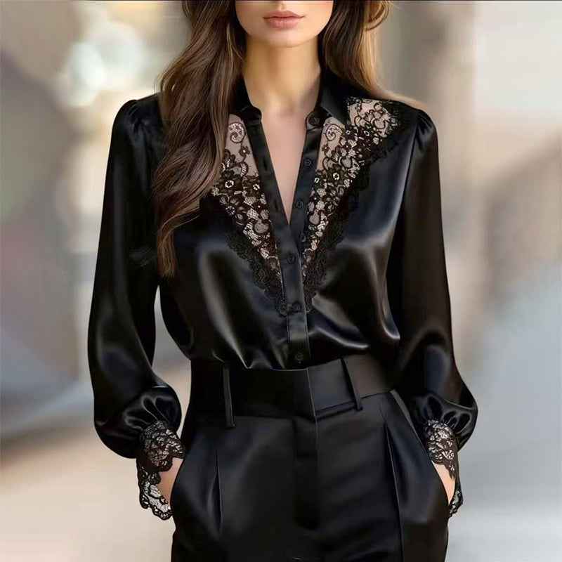 Maribel | Satijnen damesblouse met lange mouwen – Kantoorshirt met knoopsluiting en kanten details