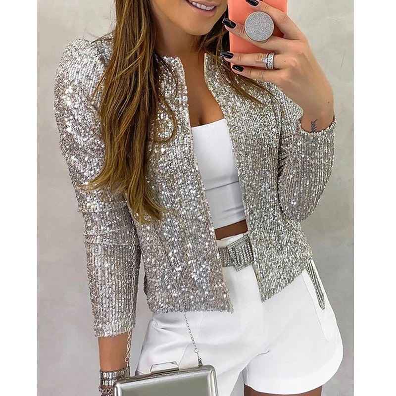 Zelda | Glitterblazer voor dames – Figuurvriendelijk jasje met pailletten en lange mouwen