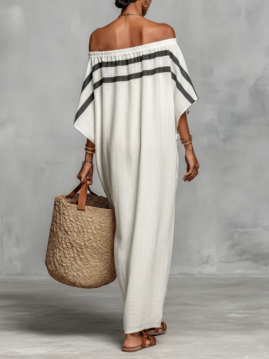 Demelza | Lange damesjurk – Off-shoulder maxi-jurk met vleermuismouwen