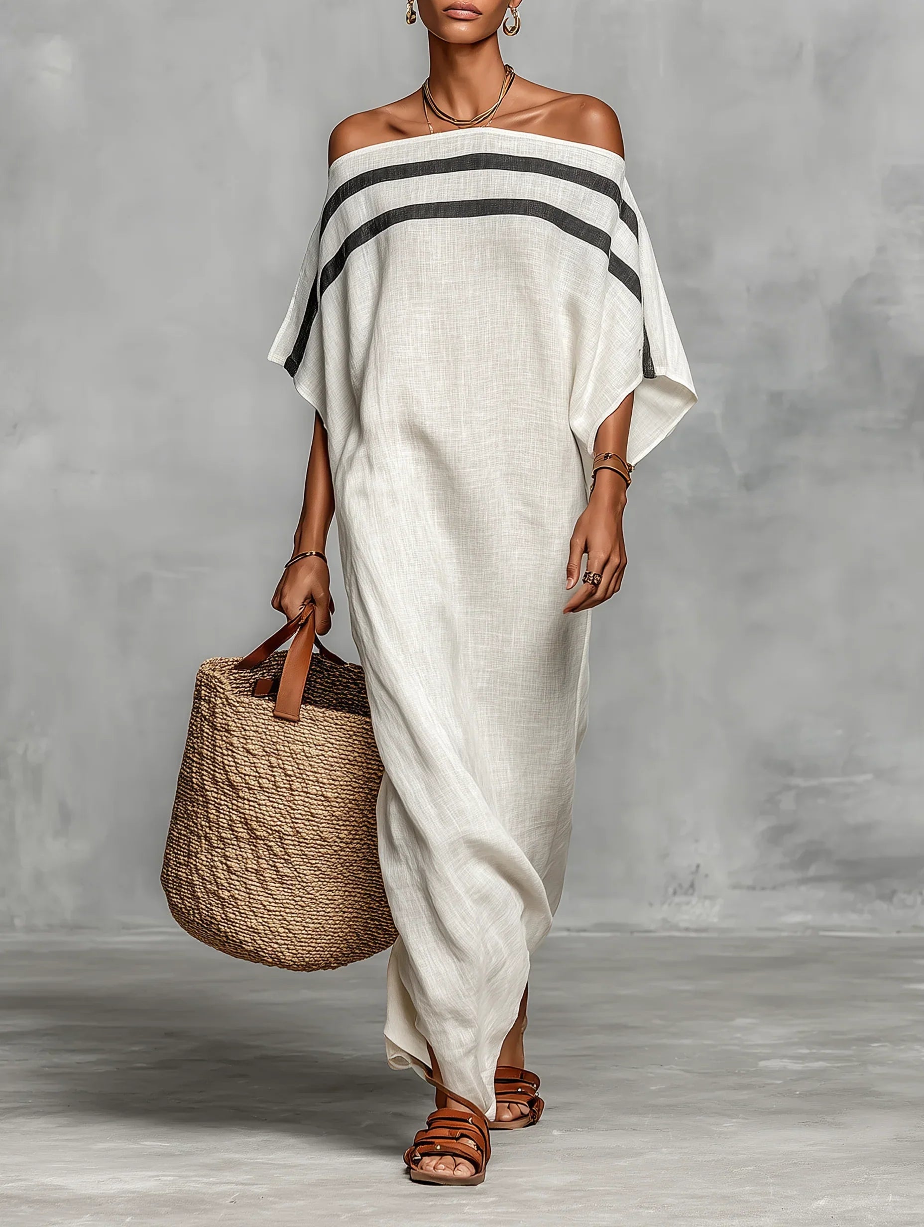 Demelza | Lange damesjurk – Off-shoulder maxi-jurk met vleermuismouwen