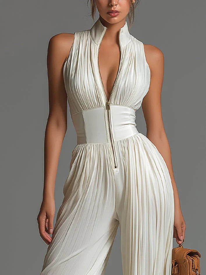 Delilah | Witte jumpsuit voor dames – Lichtgewicht jumpsuit van gaas met V-hals