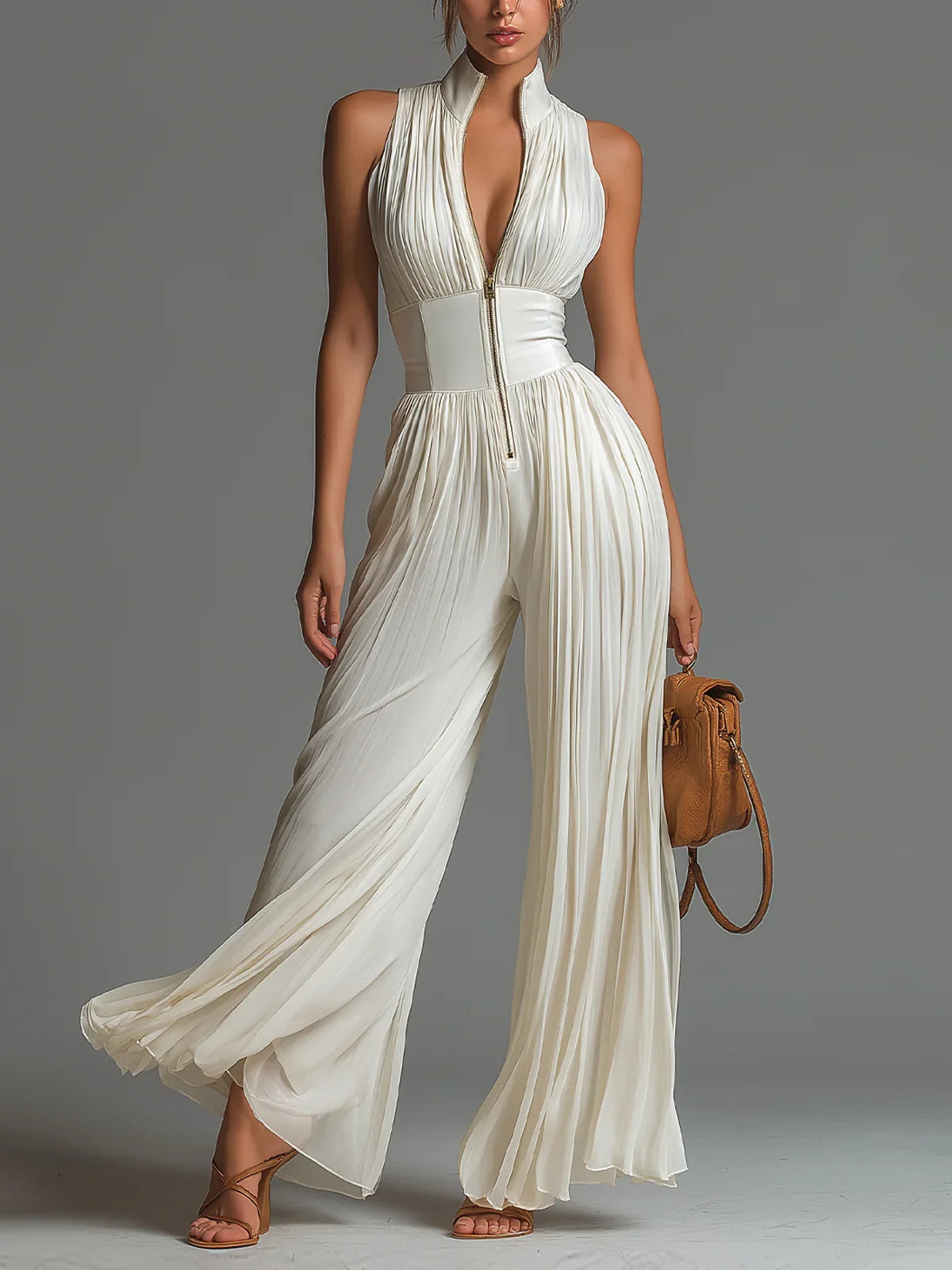 Delilah | Witte jumpsuit voor dames – Lichtgewicht jumpsuit van gaas met V-hals