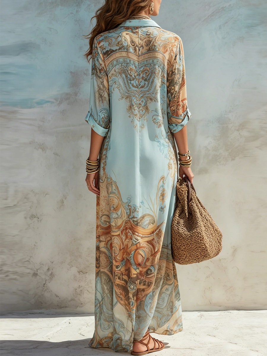 Liora | Damen Langarm Maxikleid – Boho Kleid mit Knopfleiste und Print