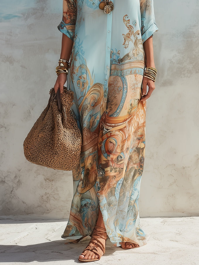 Liora | Damen Langarm Maxikleid – Boho Kleid mit Knopfleiste und Print