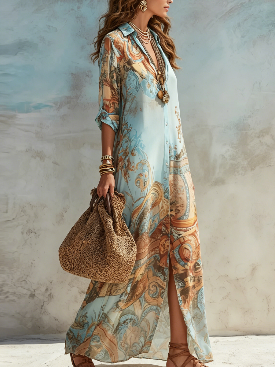 Liora | Damen Langarm Maxikleid – Boho Kleid mit Knopfleiste und Print