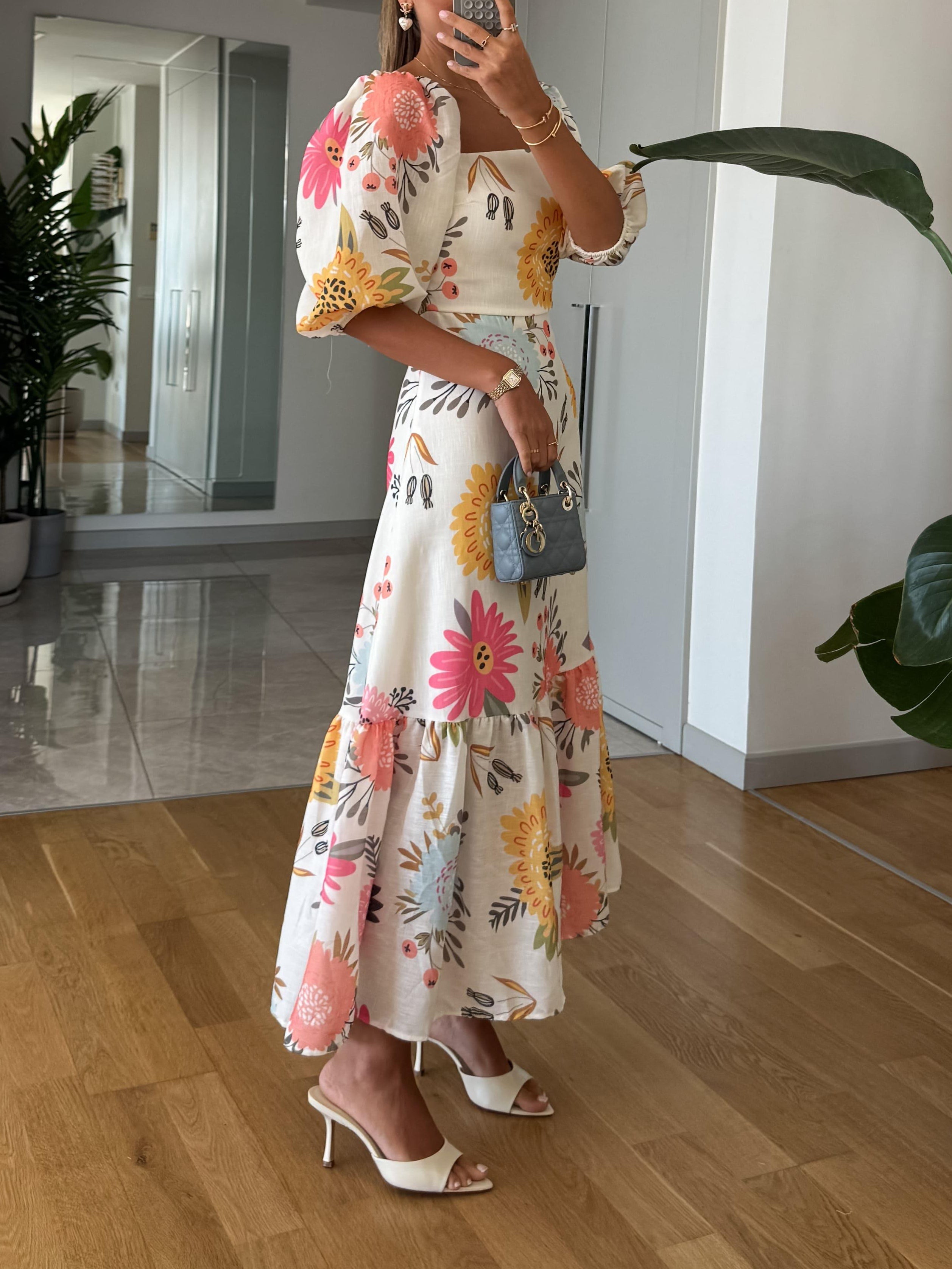 Zinnelle | Dames Elegante Bloemenjurk – Midi-jurk met Lange Pofmouwen