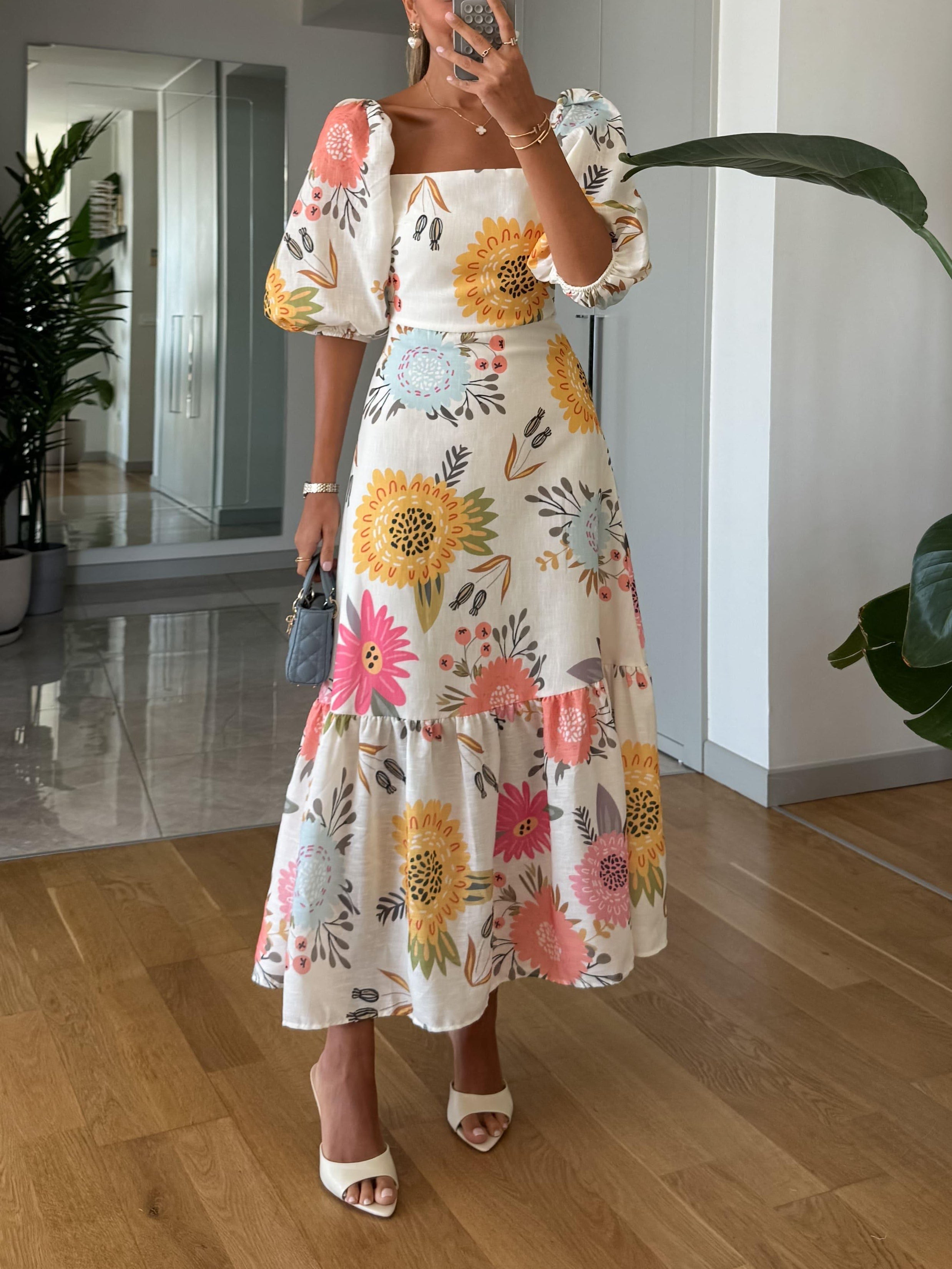Zinnelle | Dames Elegante Bloemenjurk – Midi-jurk met Lange Pofmouwen