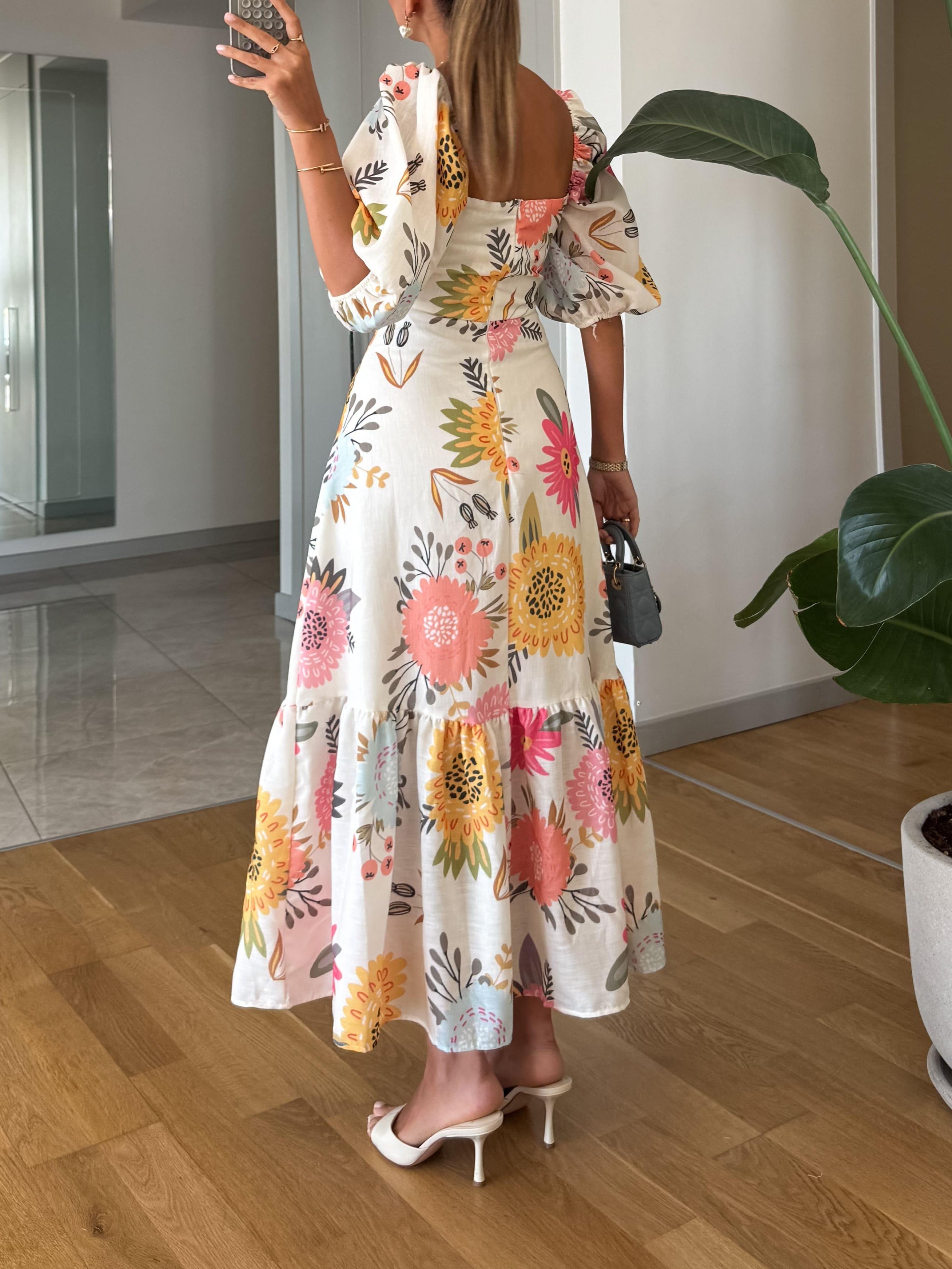 Zinnelle | Dames Elegante Bloemenjurk – Midi-jurk met Lange Pofmouwen