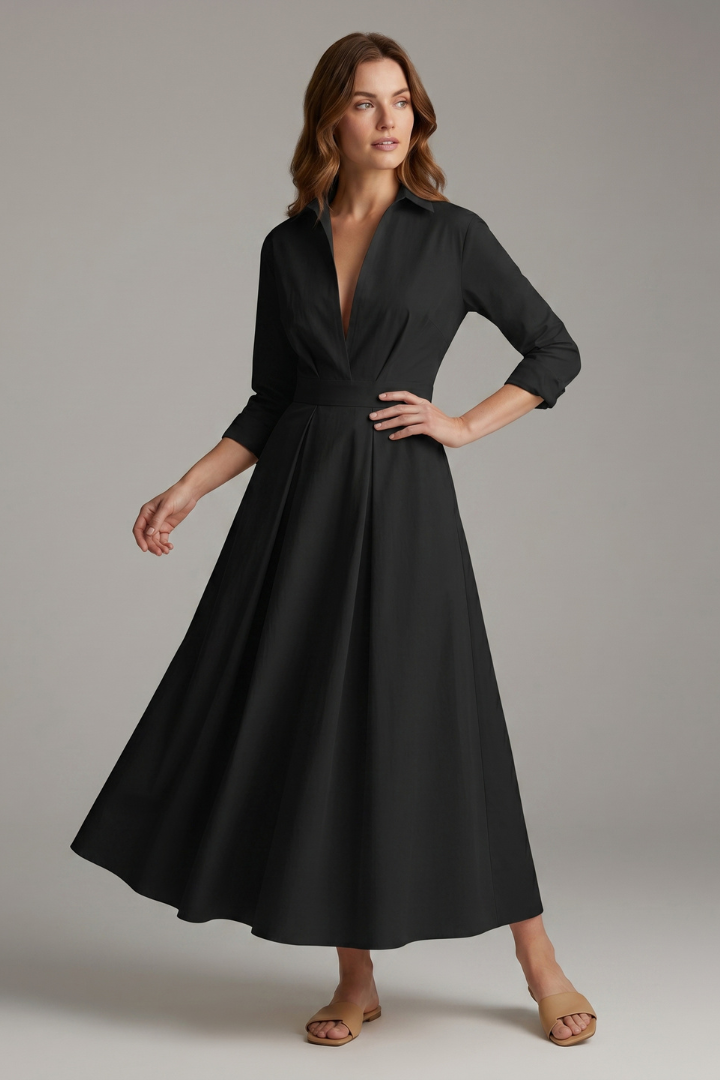 Nylah | Dames Midi Overhemdjurk – Lange Mouwen, Knoopsluiting en Puntkraag