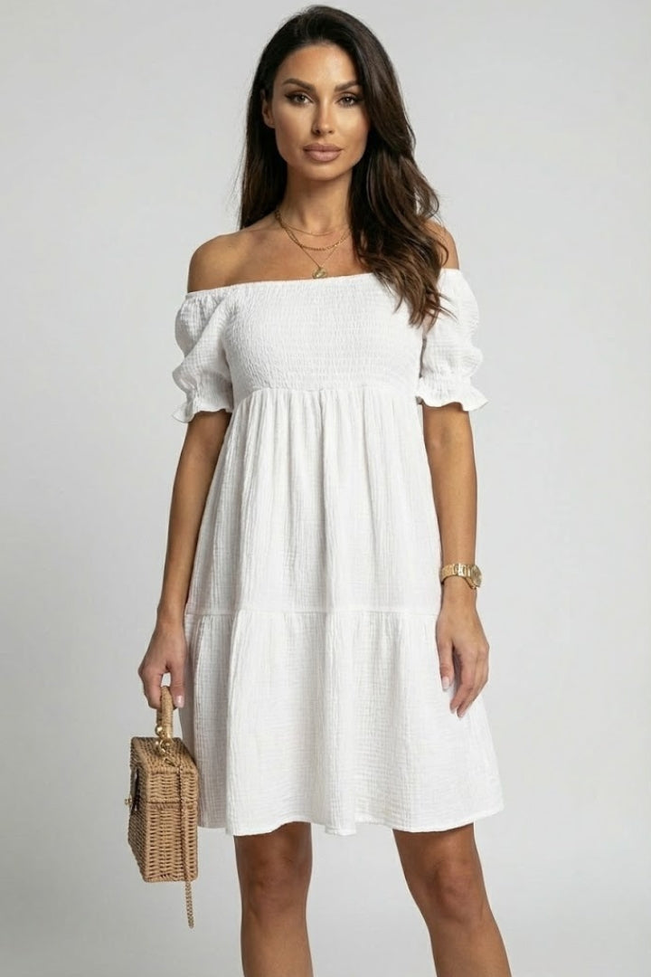 Tely | Zomerse boho-jurk voor dames – Off-shoulder midi-jurk met gelaagde ruches
