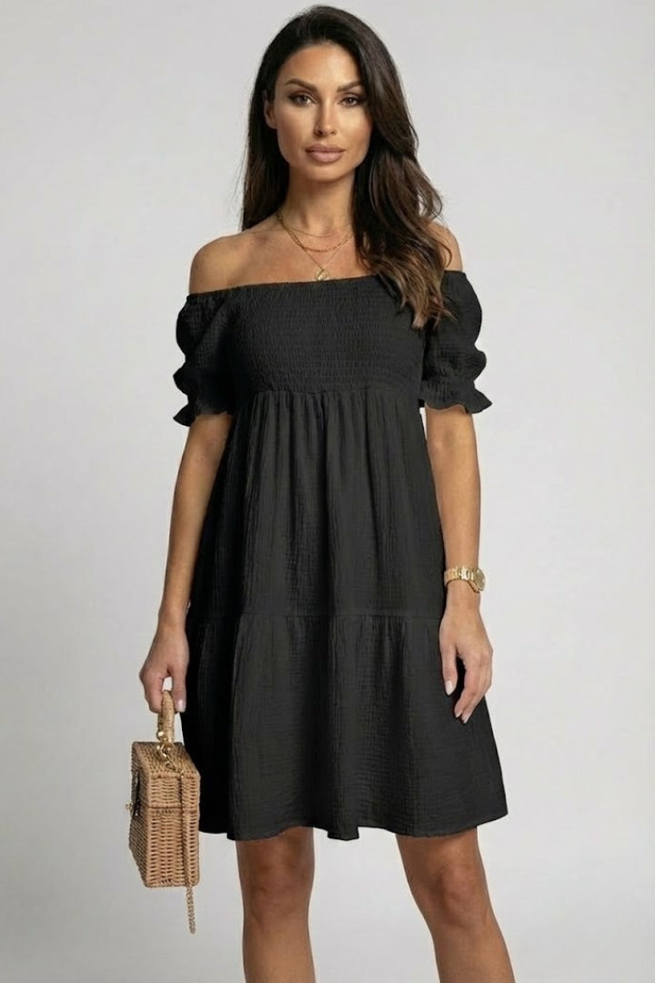 Tely | Zomerse boho-jurk voor dames – Off-shoulder midi-jurk met gelaagde ruches