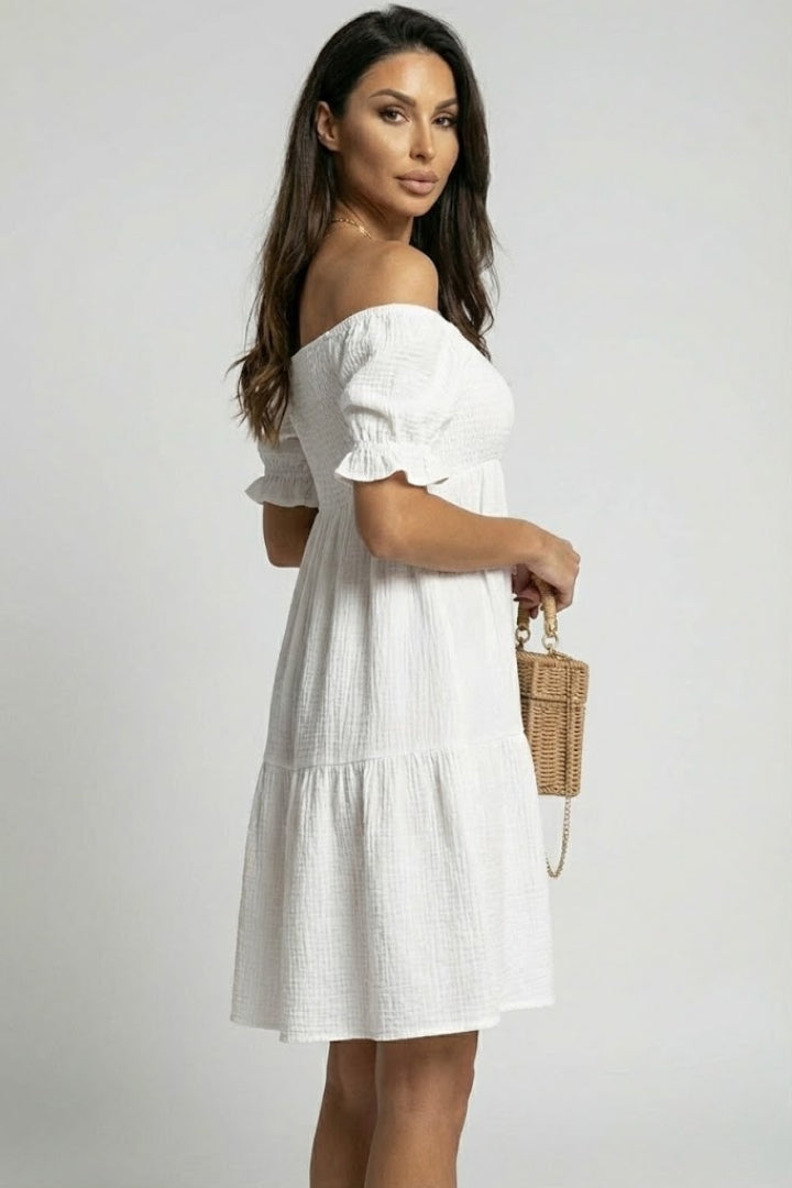 Tely | Zomerse boho-jurk voor dames – Off-shoulder midi-jurk met gelaagde ruches