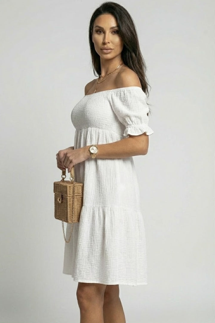 Tely | Zomerse boho-jurk voor dames – Off-shoulder midi-jurk met gelaagde ruches