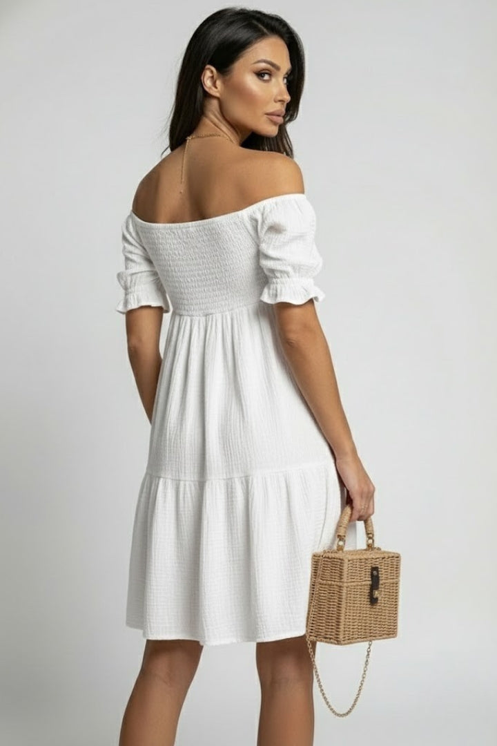 Tely | Zomerse boho-jurk voor dames – Off-shoulder midi-jurk met gelaagde ruches