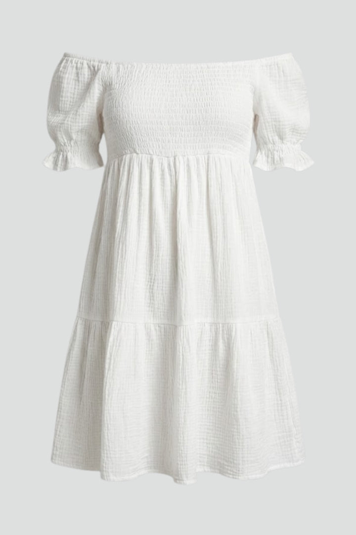 Tely | Zomerse boho-jurk voor dames – Off-shoulder midi-jurk met gelaagde ruches