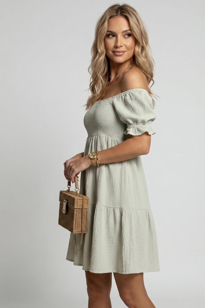 Tely | Zomerse boho-jurk voor dames – Off-shoulder midi-jurk met gelaagde ruches