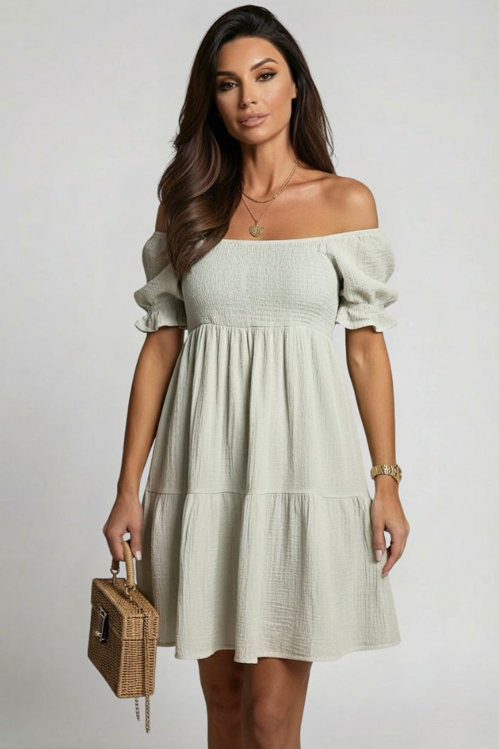 Tely | Zomerse boho-jurk voor dames – Off-shoulder midi-jurk met gelaagde ruches