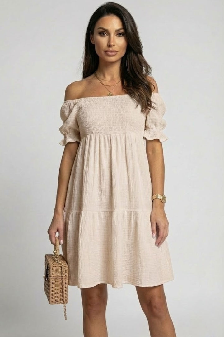 Tely | Zomerse boho-jurk voor dames – Off-shoulder midi-jurk met gelaagde ruches