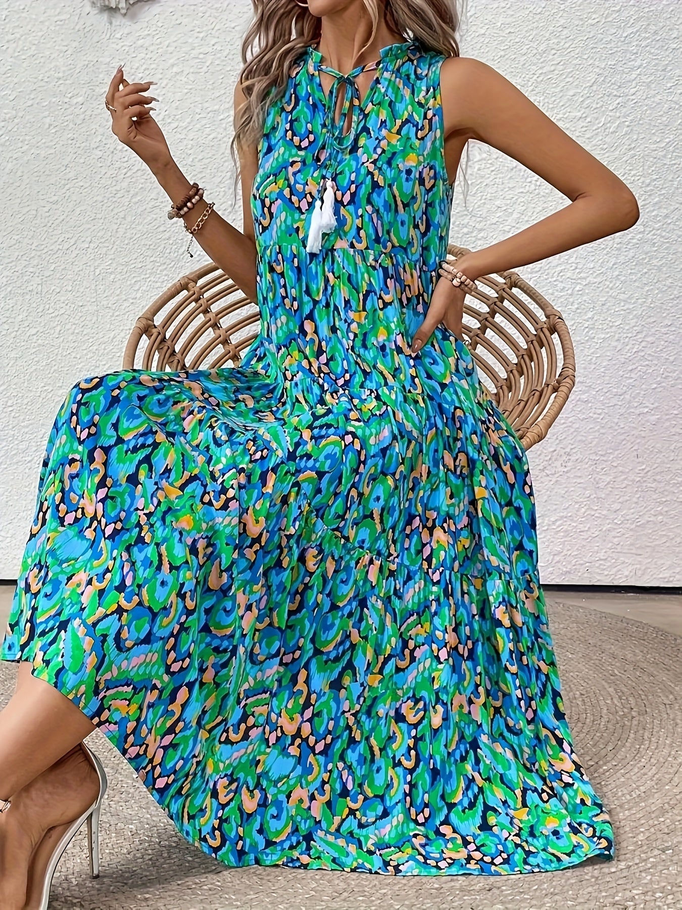 Elsyn | Boho-maxi-jurk voor dames – Mouwloze strandvakantiejurk met print en franjes