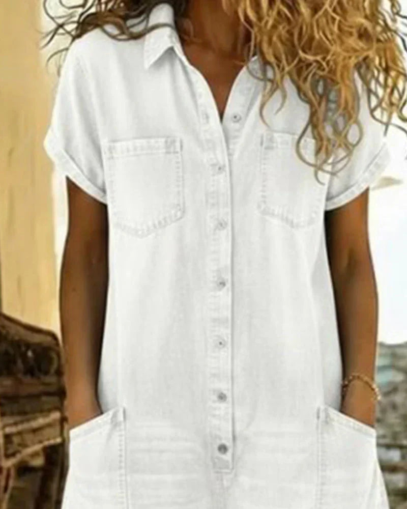 Julissa | Denim jumpsuit voor dames – Eendelig model met korte mouwen en knoopsluiting aan de voorkant