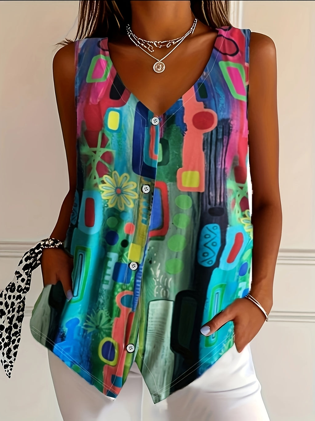 Talise | Casual damesblouse met print – Mouwloos zomershirt met V-hals