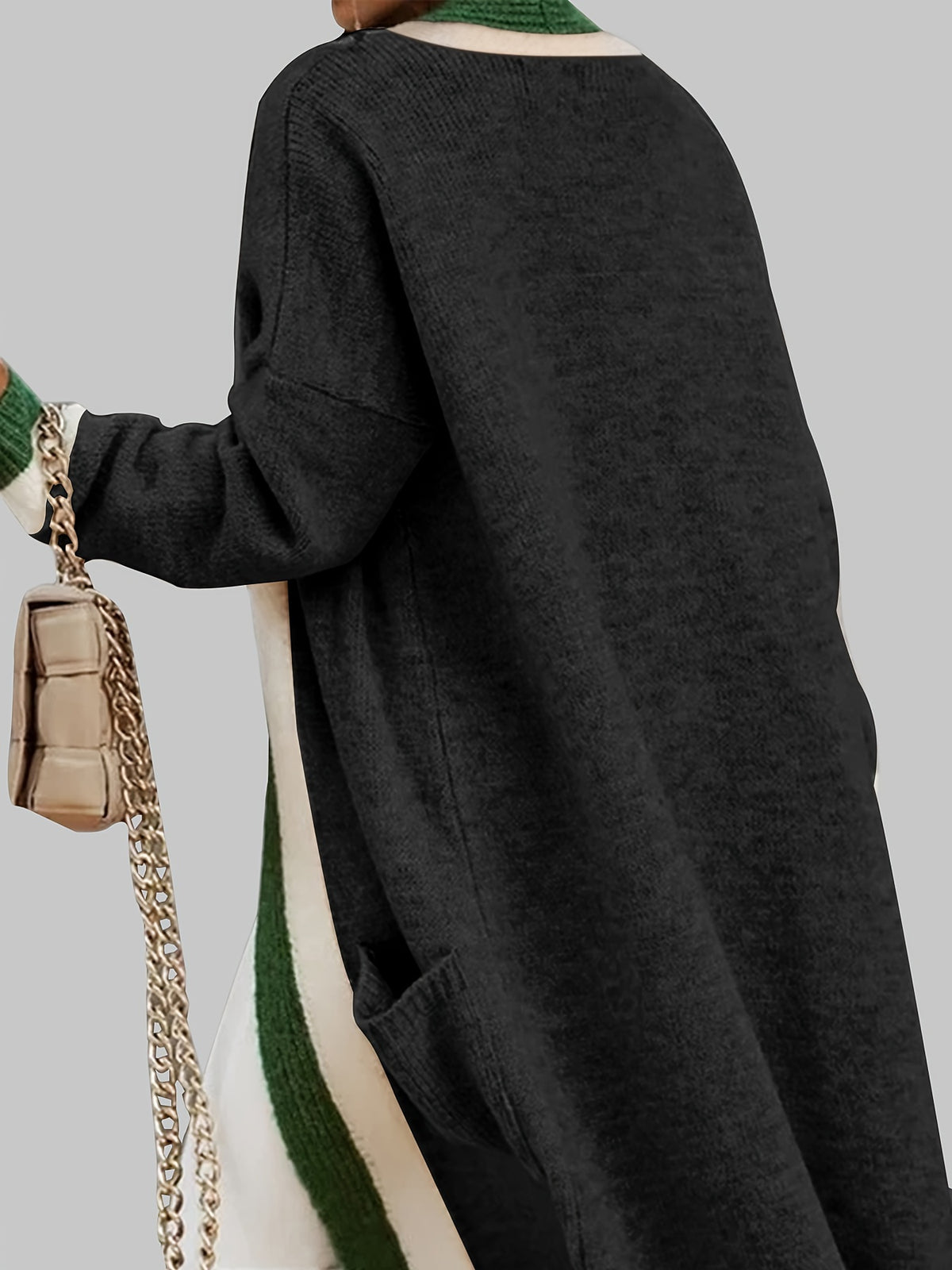 Lerina | Dames Lang Gebreid Vest – Kleurvlakken, Open Voorkant, Lange Mouwen & Zakken