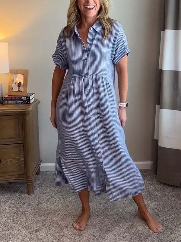 Kendra | Elegante Gestreepte Jurk voor Dames – Midi Overhemdjurk met Zakken en Relaxte Pasvorm