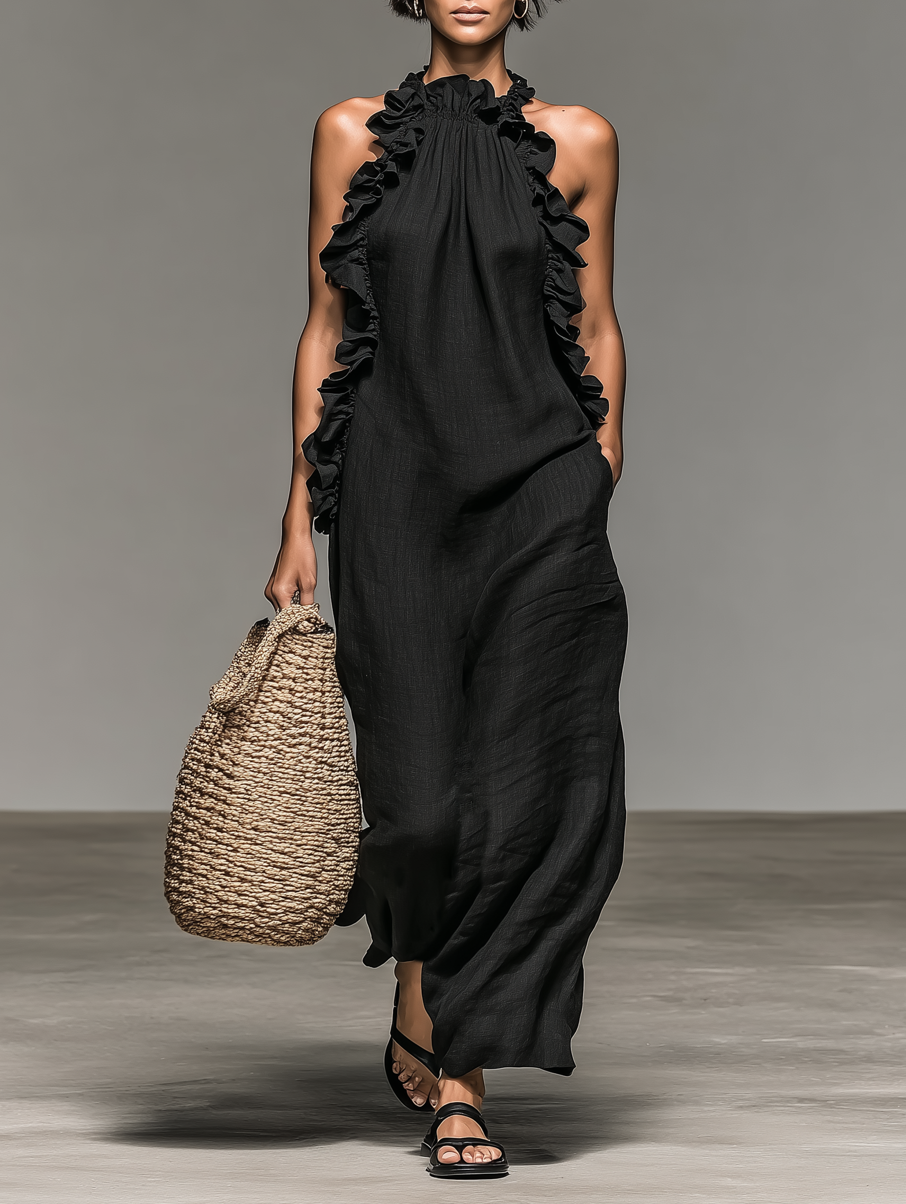 Elliott | Mouwloze maxi-jurk van linnenmix voor dames – Casual, soepel vallende jurk