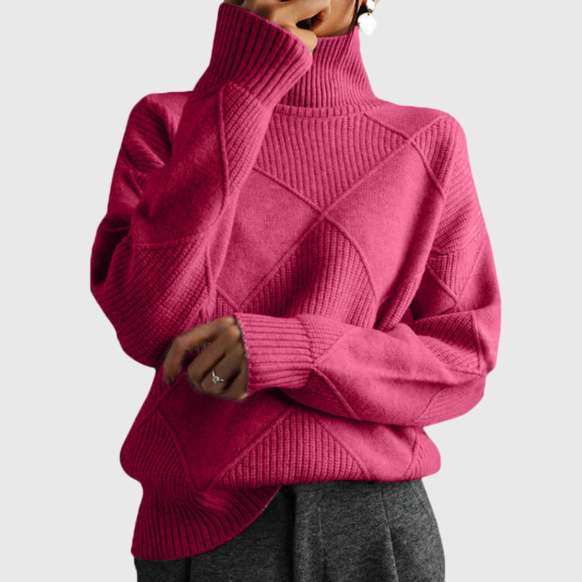 Calyssia | Damestrui met dikke breistruk en col – Patchwork met ruitmotief