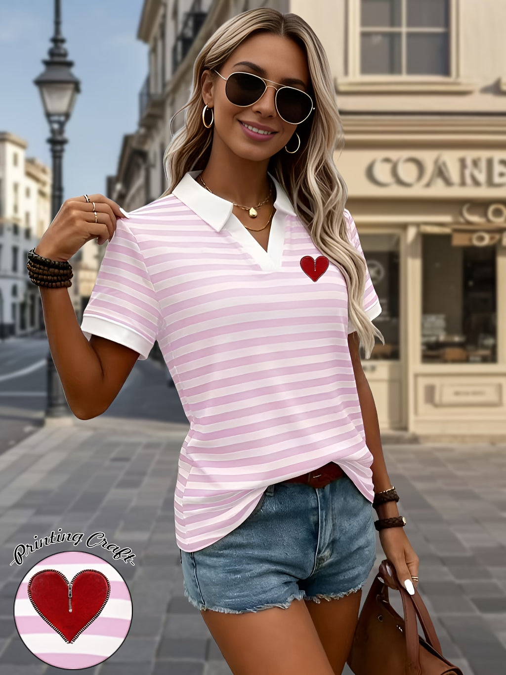 Azelora | Dames Gestreept V-hals T-shirt – Casual Blouse met Korte Mouwen en Hartprint