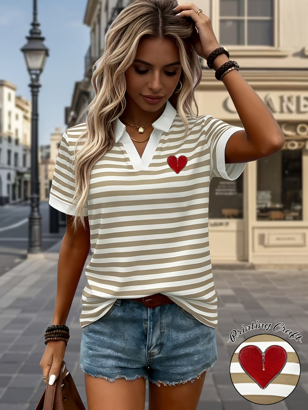 Azelora | Dames Gestreept V-hals T-shirt – Casual Blouse met Korte Mouwen en Hartprint